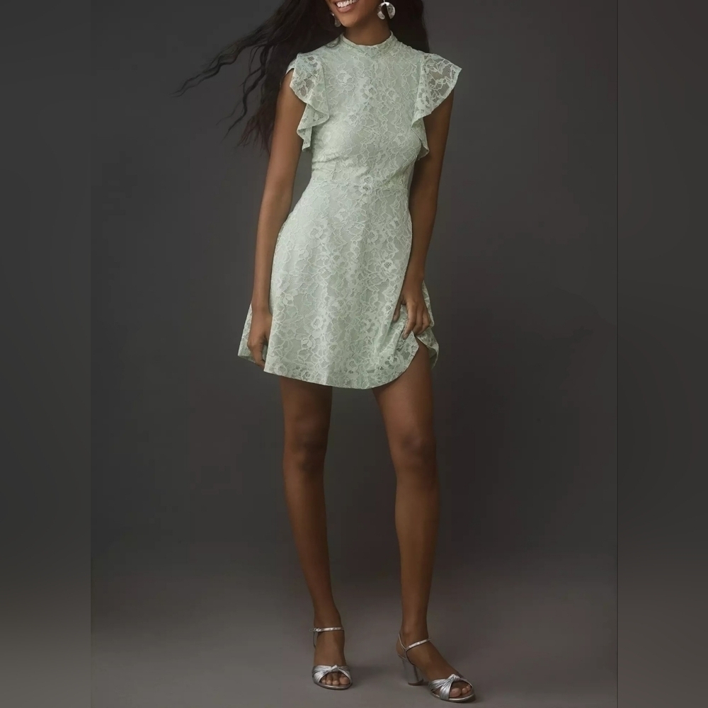 Maeve by Anthropologie Women's Sleeveless Lace Mock-Neck Mini Dress, Moss